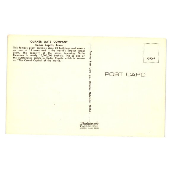 Greetings Iowa Cedar Rapids Quaker Oats Company Postcard Vintage Cereal Capital - Picture 2 of 2